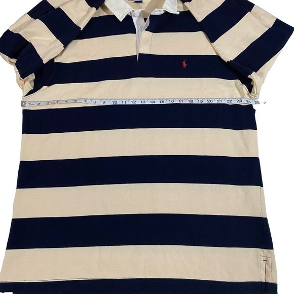 Ralph Lauren Polo Men Cream Navy Striped Red Pony Long Sleeve Rugby Polo Sz L - Picture 7 of 10